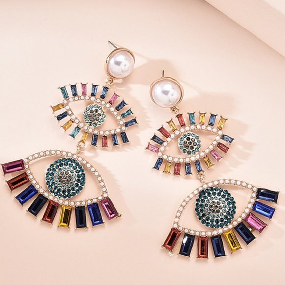 Large Rhinestone and Pearl Eye Dangle Earrings RAINBOW STATEMENT PARTY BOHO - Picture 2 of 3